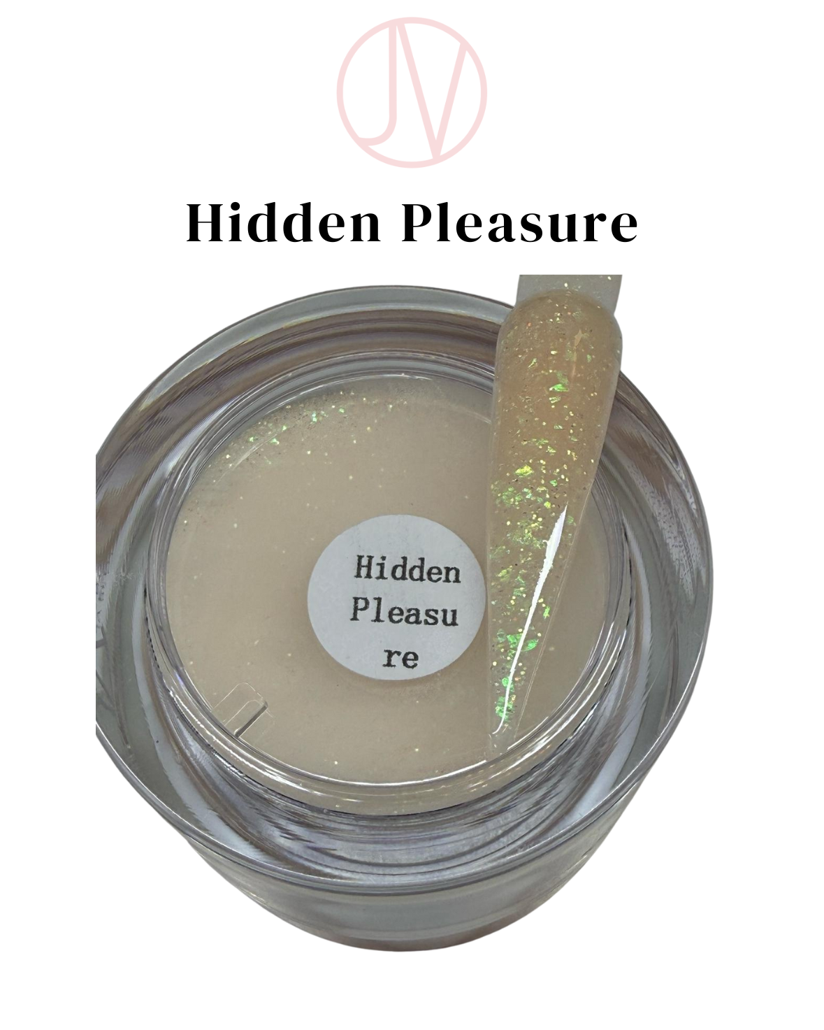 Hidden Pleasure acrylic powder: Golden nude with iridescent flakes for elegant, long-lasting nail enhancements.