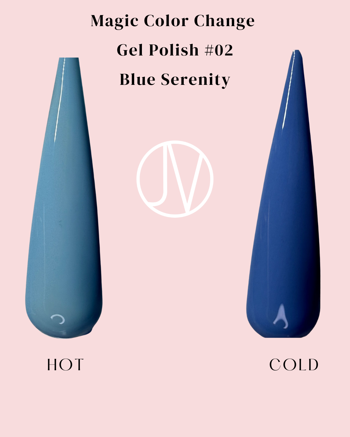 UV-cured temperature-changing gel polish in Blue Serenity - deep ocean blue when cold, pastel sky blue when warm, perfect for dynamic nail designs.
