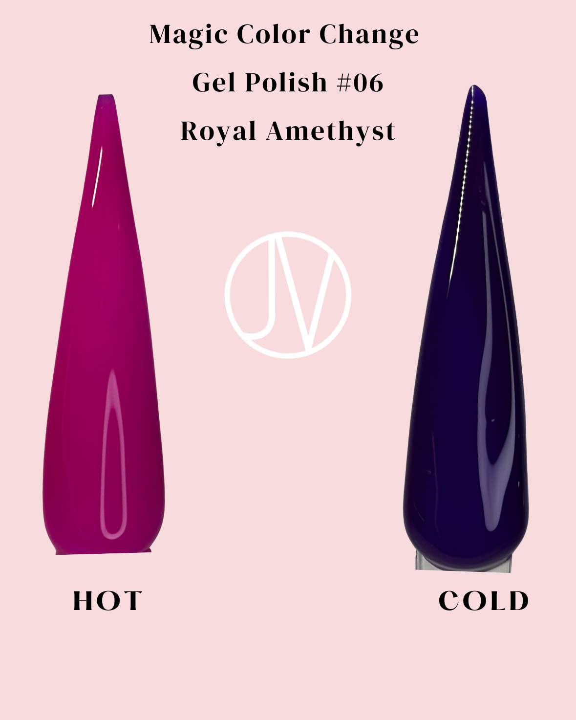 Temperature-reactive gel polish in Royal Amethyst – rich purple in cool temps, shifting to bold magenta in warmth. Salon-quality, fast-curing nail polish.