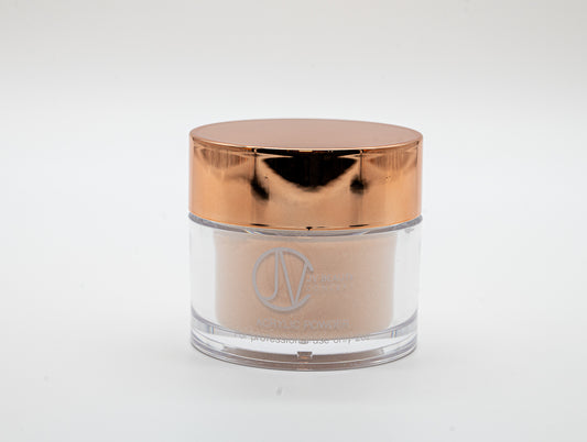 Luxurious Hidden Pleasure Acrylic Cover Powder with golden nude and iridescent flakes for flawless nails.